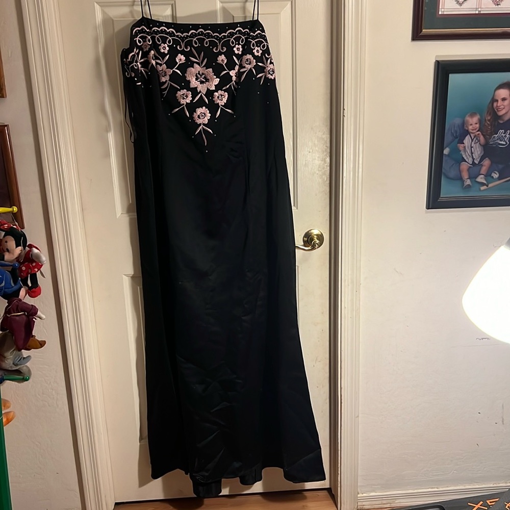 Plus size satin floor length gown with front & back embroidered and rhinestones